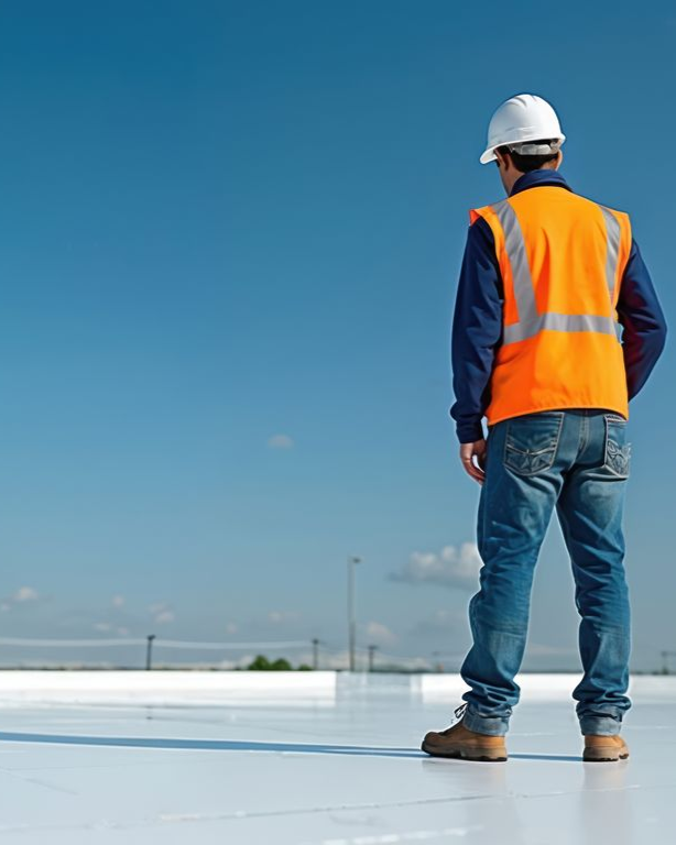Certified roofer in hard hat and orange vest standing on TPO roofing system, blue sky in background.