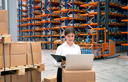 checking stocks on laptop in warehouse