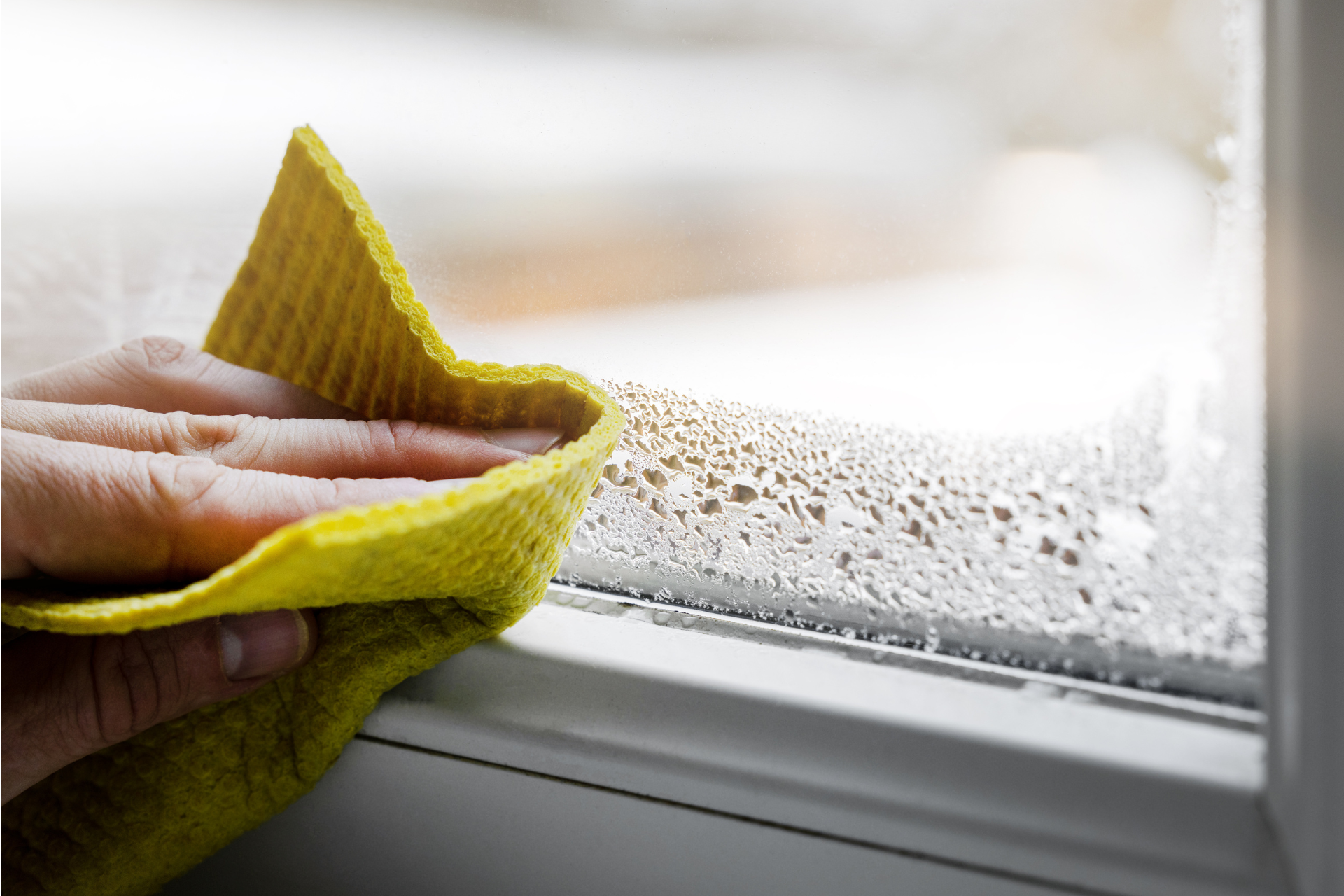 A person is cleaning a window with a yellow cloth.