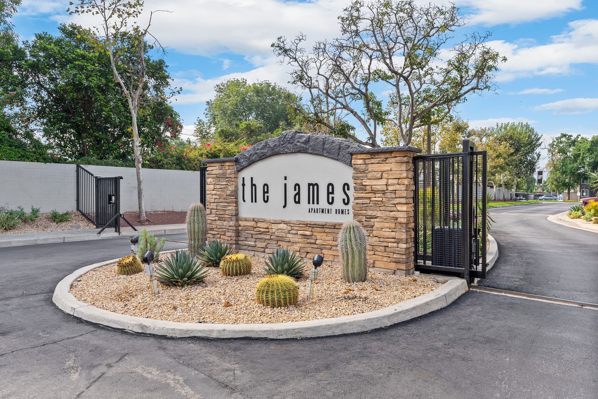 The James sign and gates