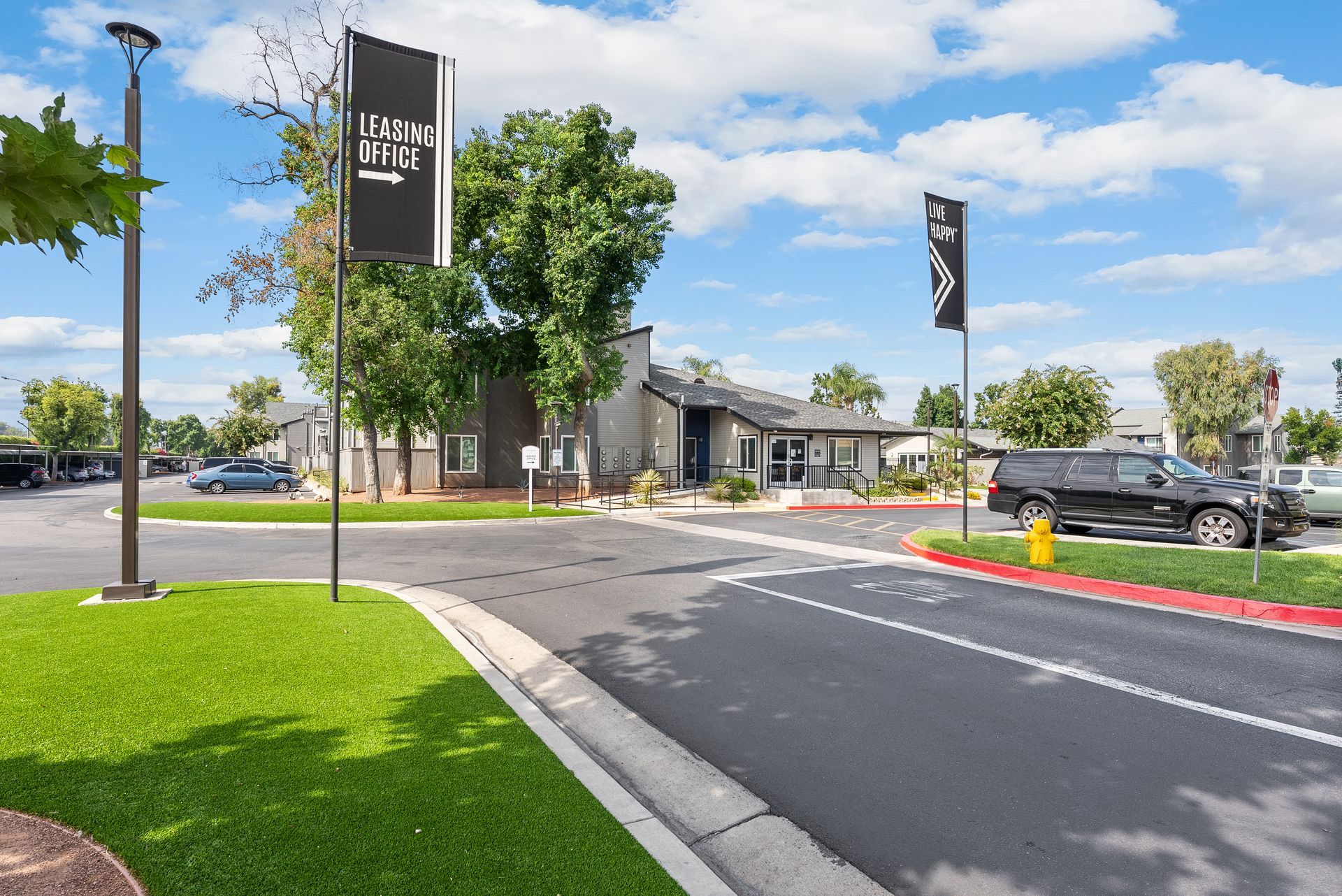 The James driveway and flags