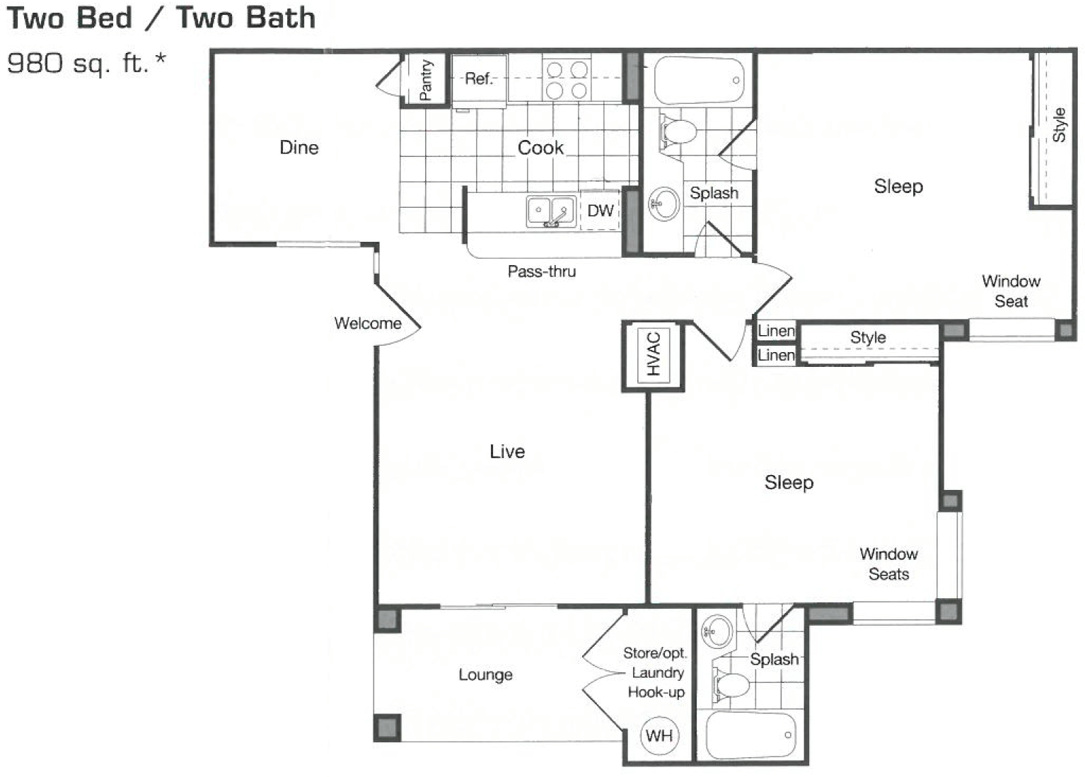 A black and white floor plan of a two bed / two bath apartment.