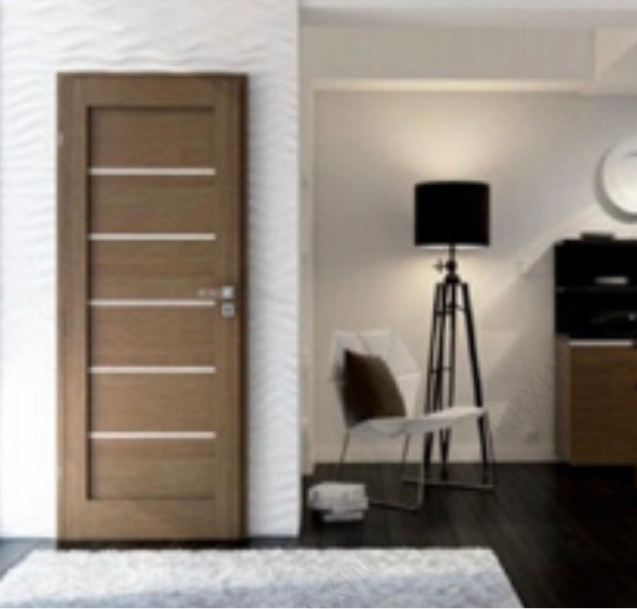 Modern building exterior at dusk, angled facade with warm lighting, foliage, and vehicle.