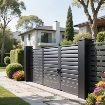 Modern gray metal driveway gate in front of a landscaped suburban house