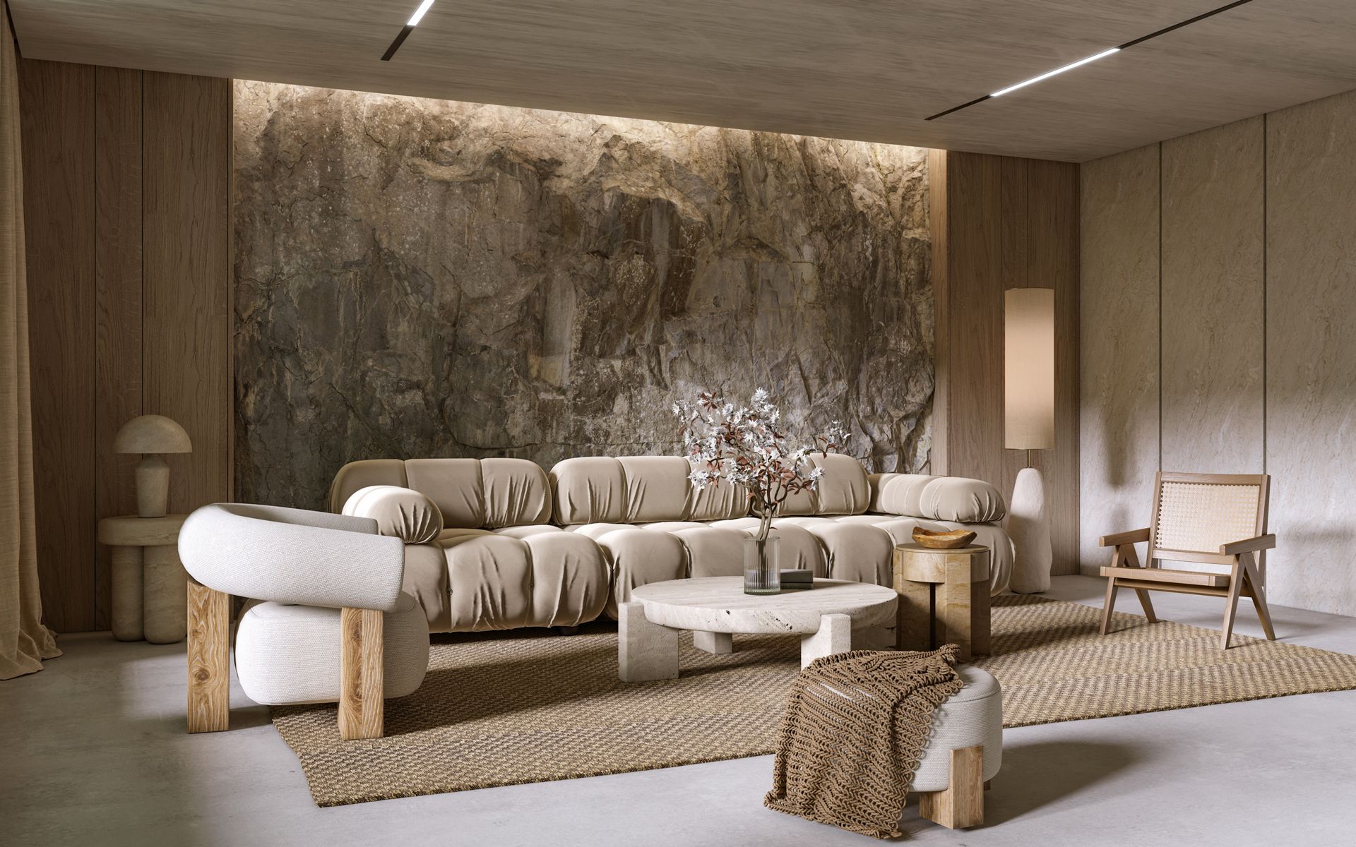 Living room with stone accent wall, beige sofa, and natural wood furniture.