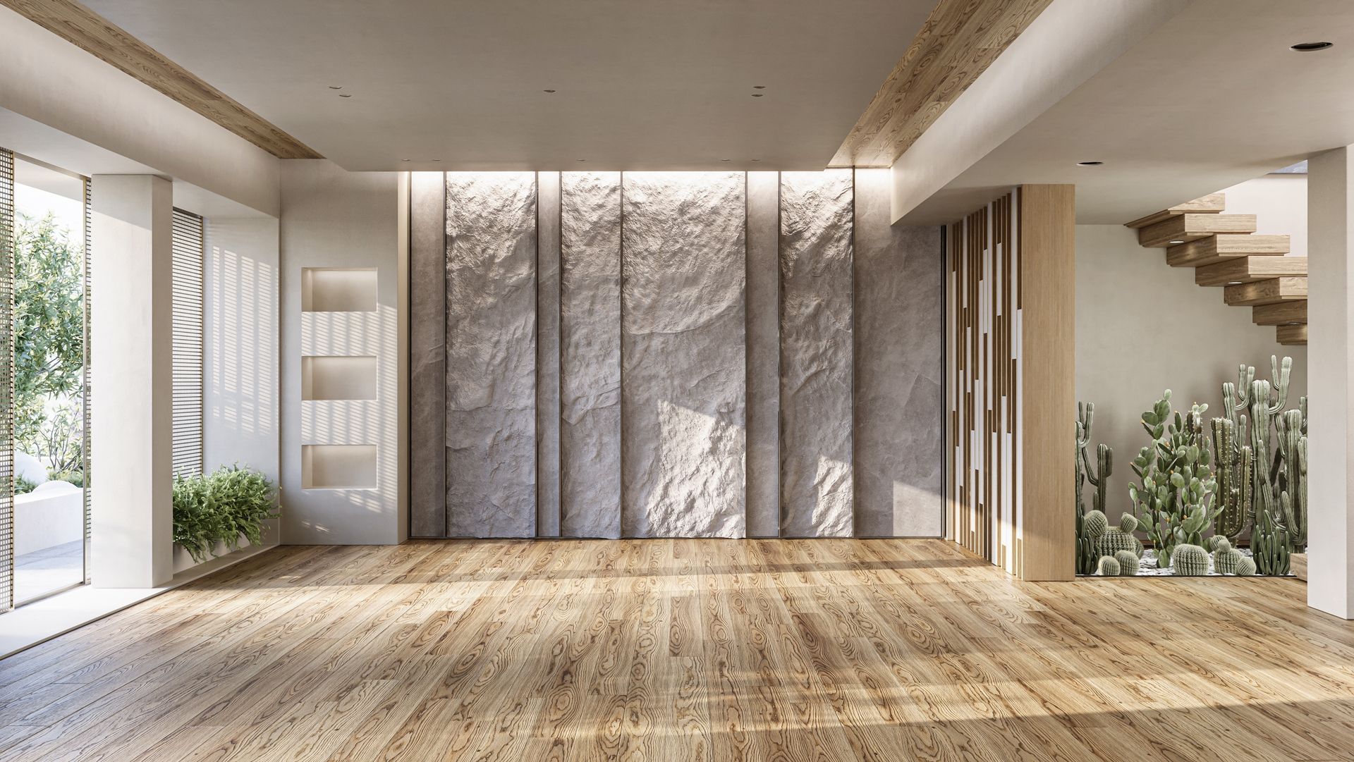 Spacious, modern interior with stone accent wall, wooden floors, and natural light.