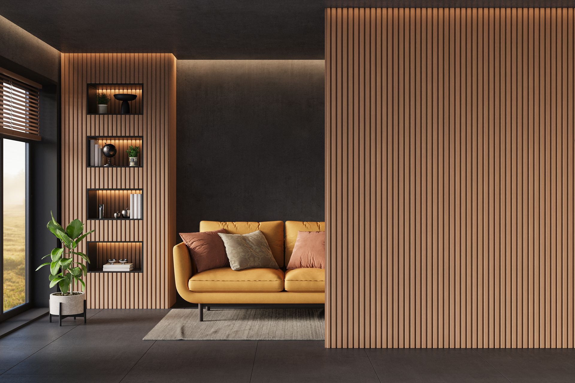 Living room with mustard-colored couch, wooden slat wall, shelving with decor, and a window with a view.