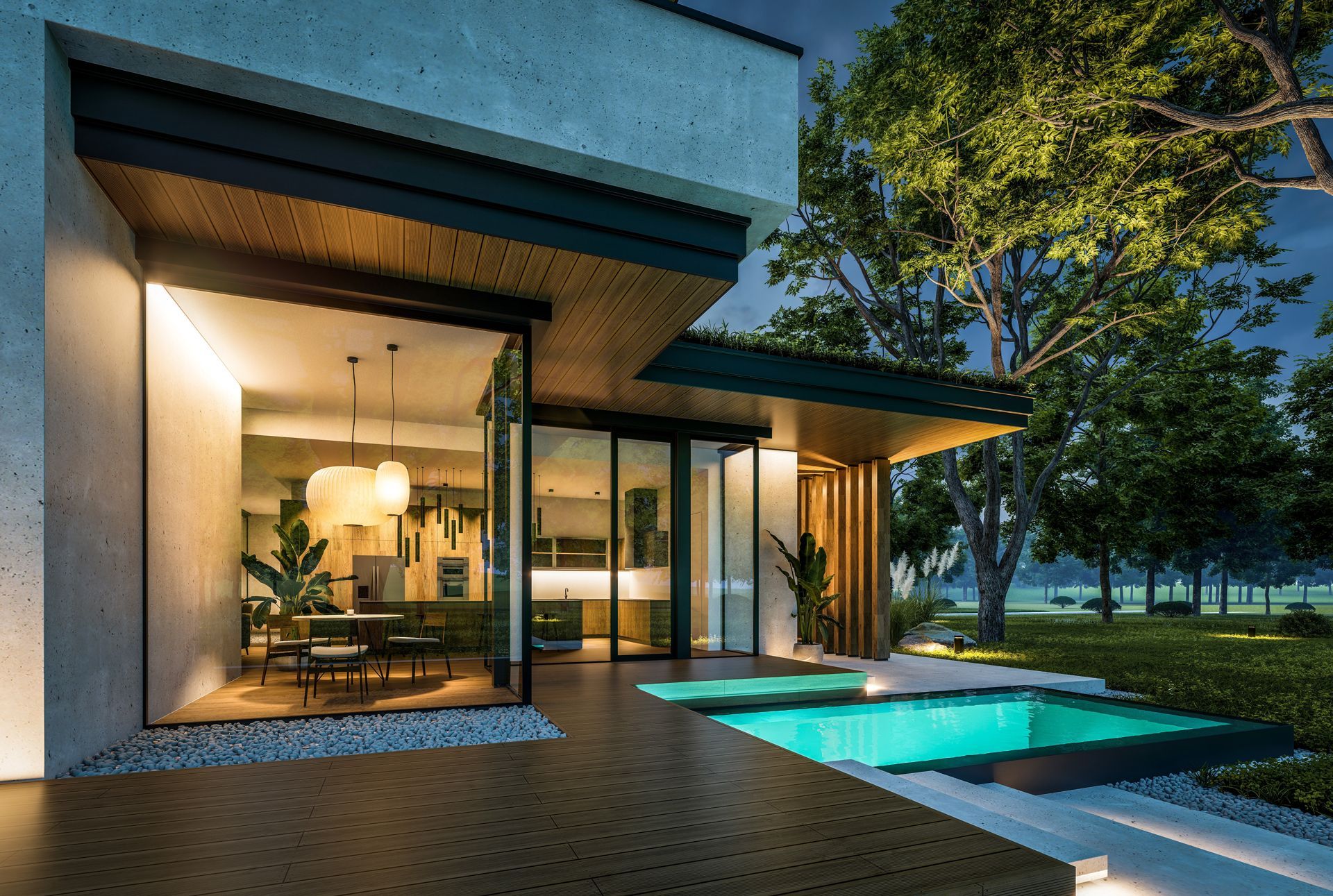 Modern home exterior with open doors to the lit interior, pool, and illuminated landscaping.