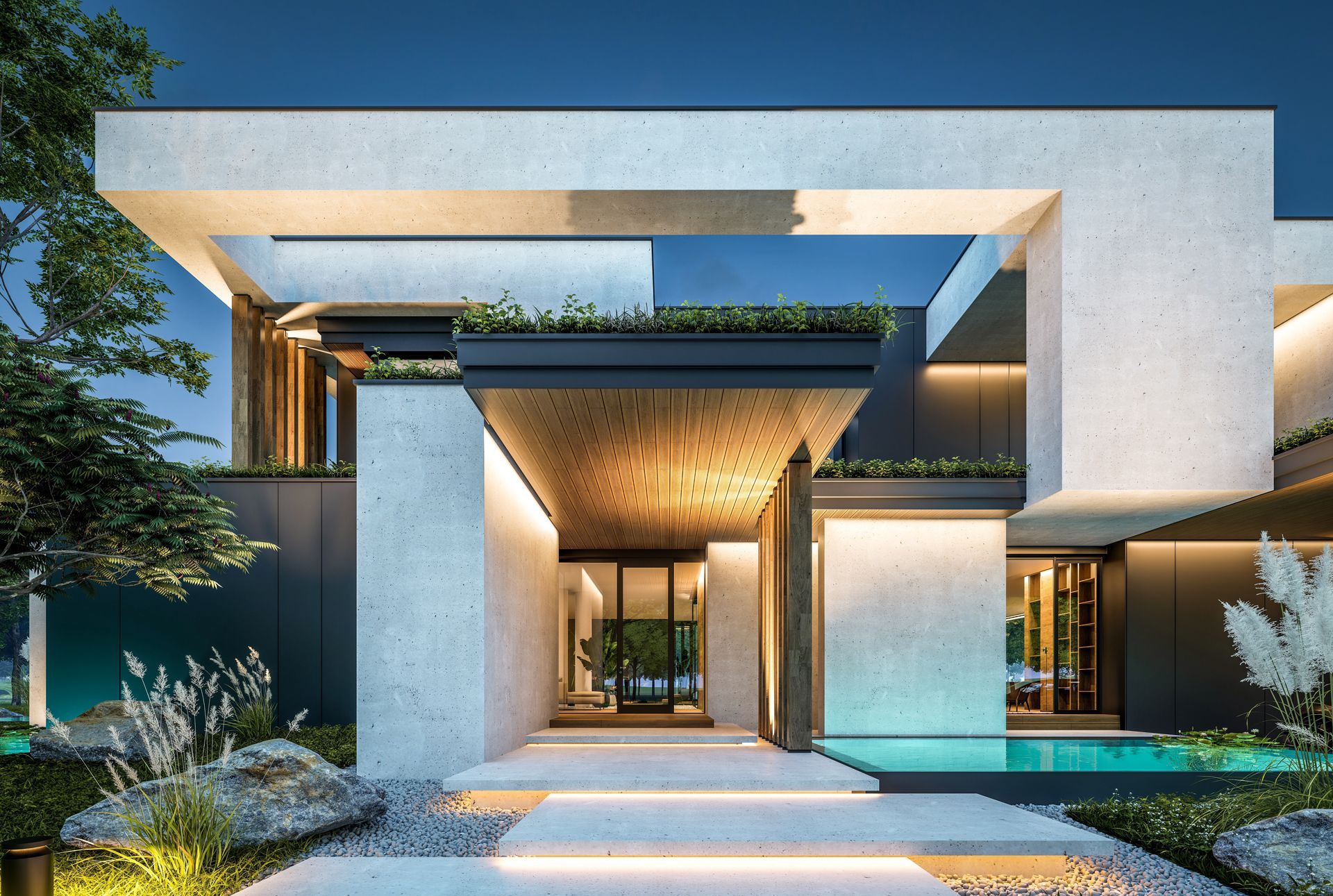 Modern home exterior with white geometric facade, water feature, and plants, illuminated at night.