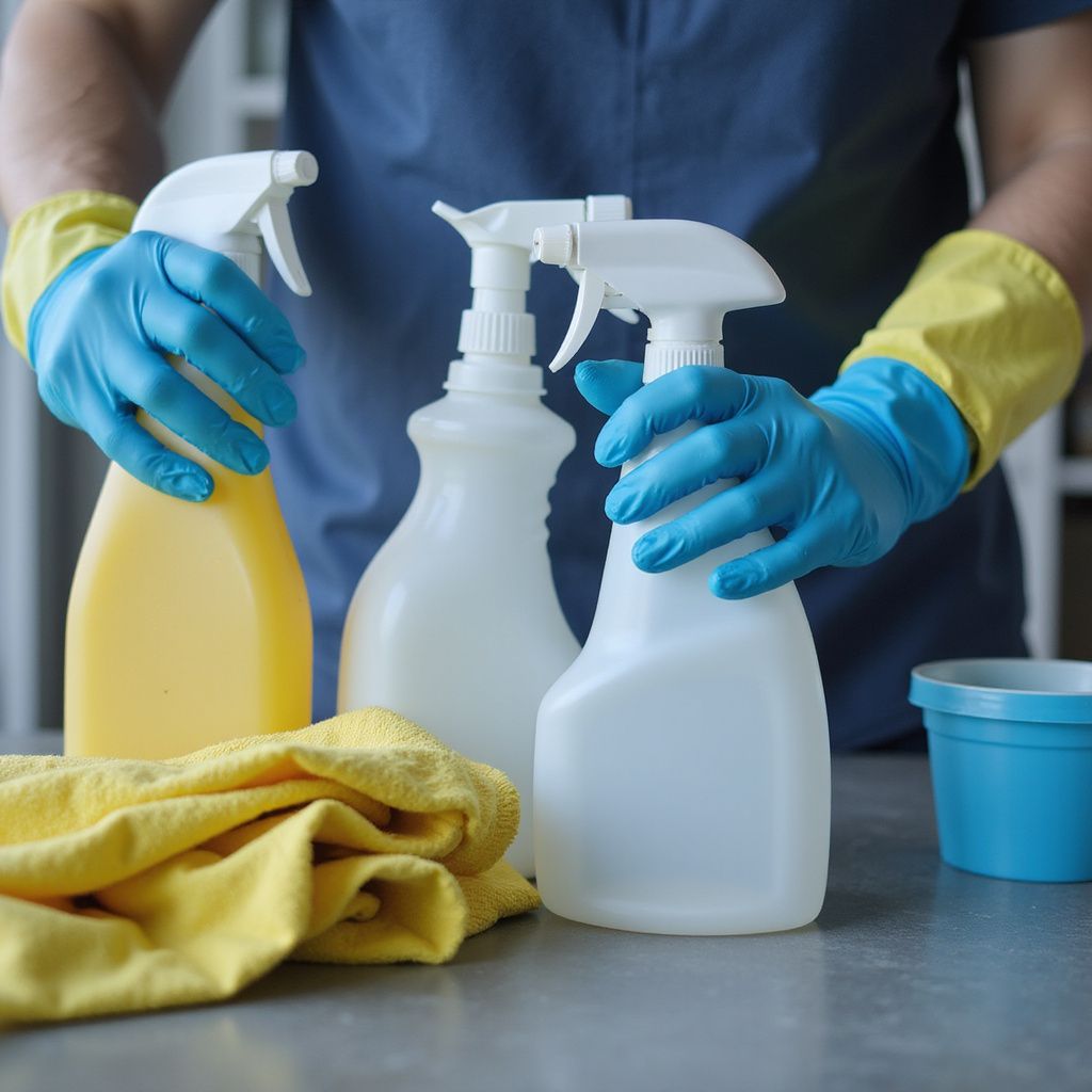 Person wearing blue gloves holding spray bottles, with a yellow cloth and bucket on a surface.