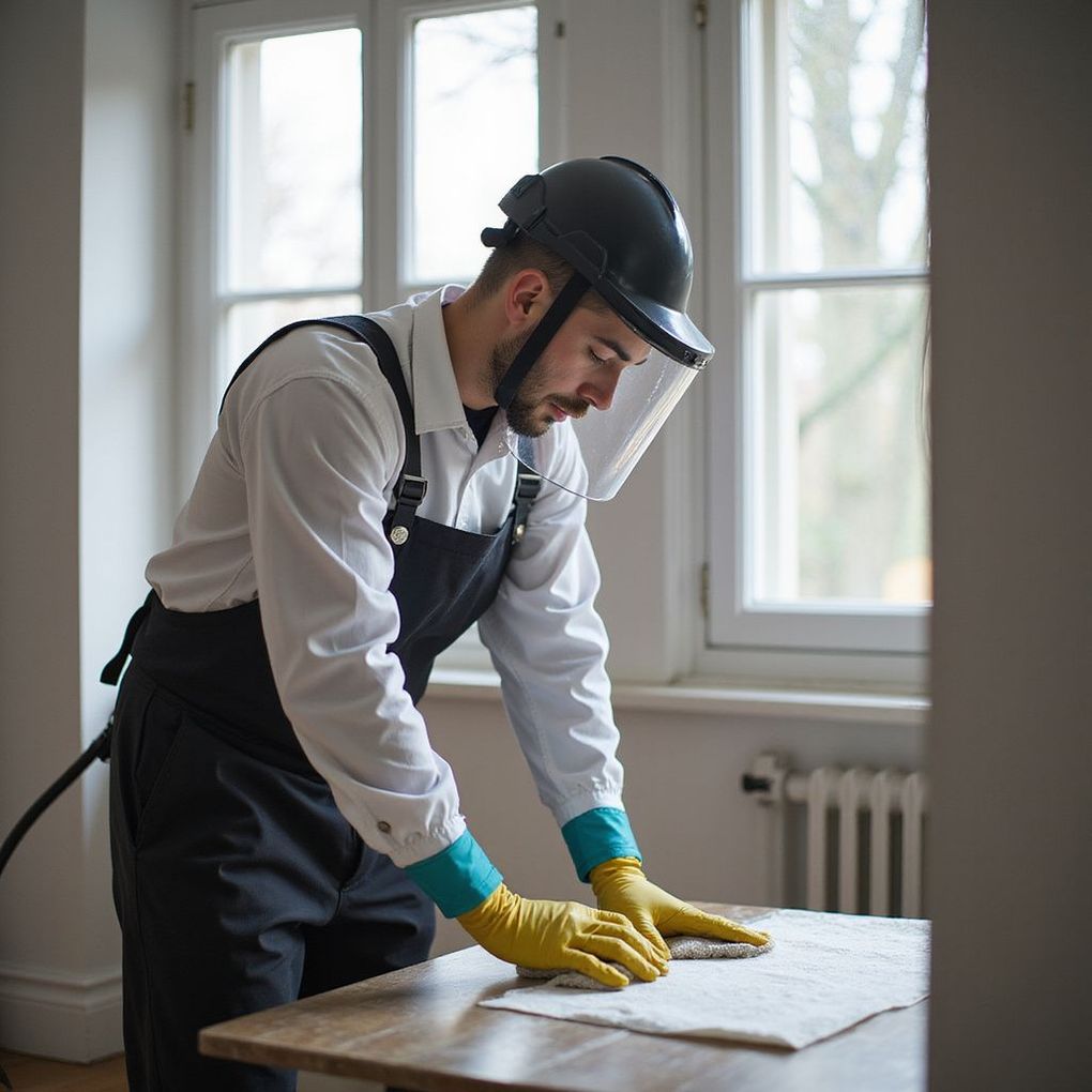 A person wearing protective gear inspects a white cloth on a wooden table near a window.