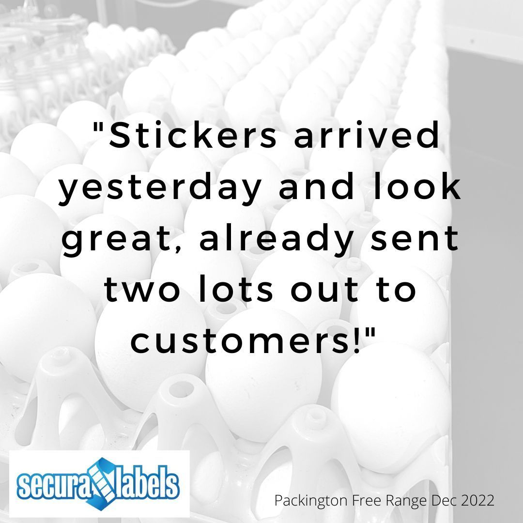 Testimonial for Secura Labels saying 'Stickers arrived yesterday and they look great. Already sent two lots out to customers'