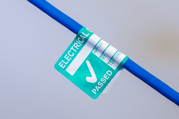An Electrical Safety Test / PAT Test label wrapped around a blue cable
