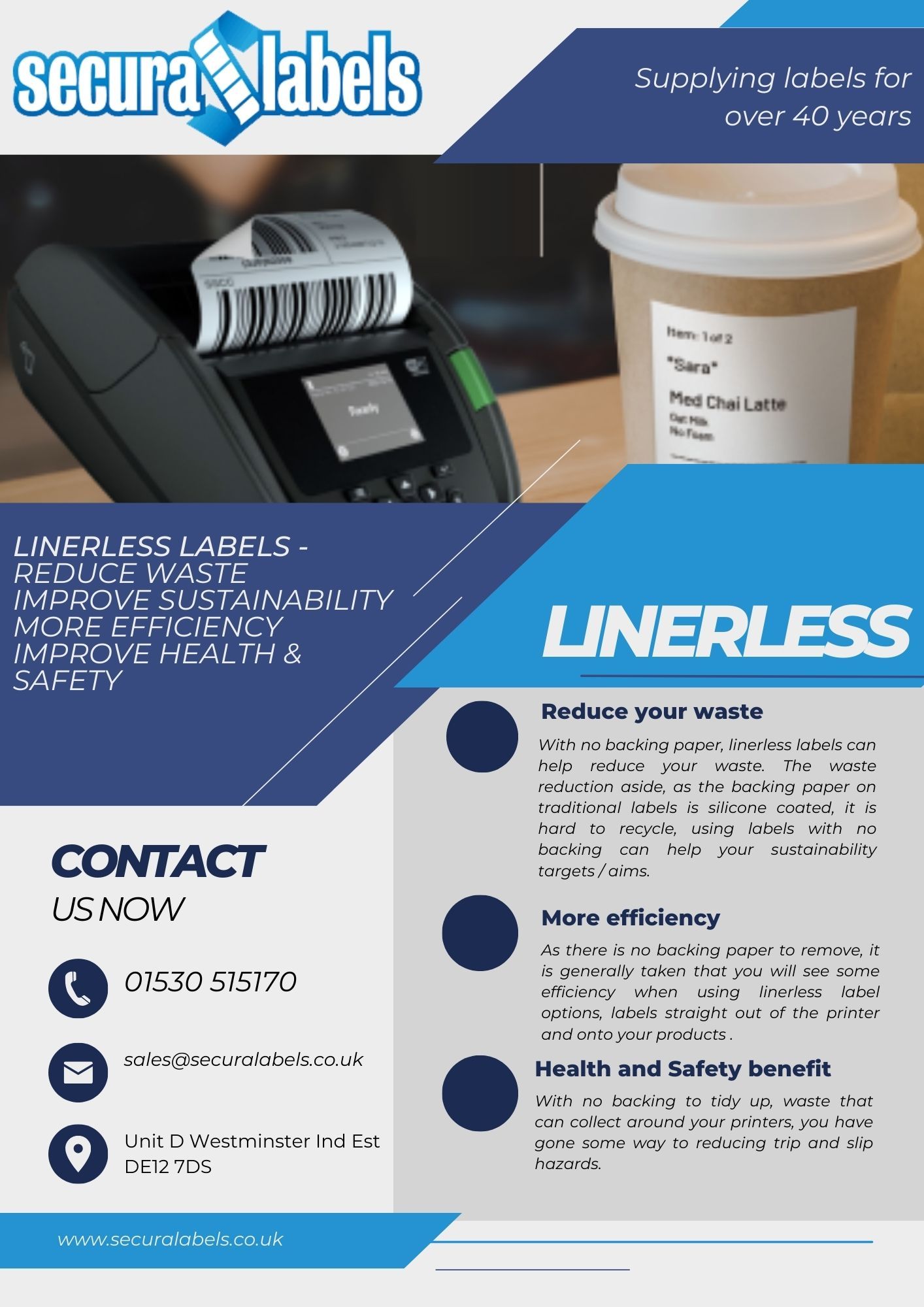 Picture of a Secura Labels flyer promoting linerless labels