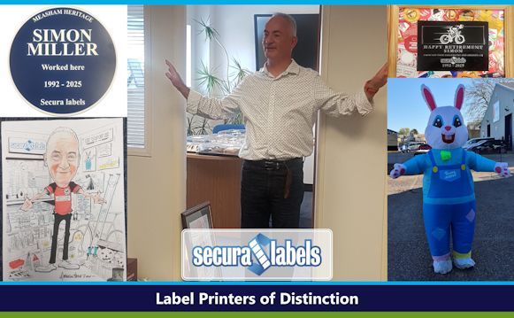 Collage celebrating Simon Miller’s retirement from Secura Labels in August 2025.