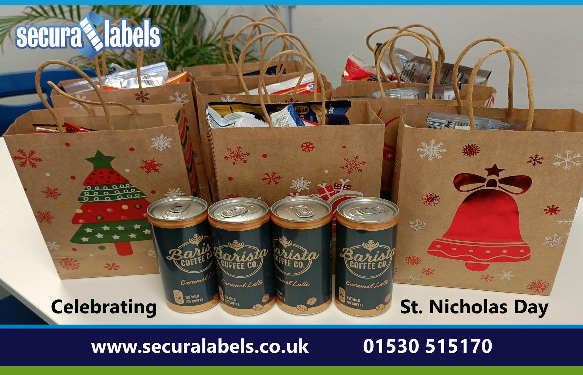 Several festive gift bags decorated with Christmas themed designs, filled with assorted treats