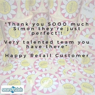 Testimonial for Secura Labels stating '...they're just perfect!! very talented team you have there...'