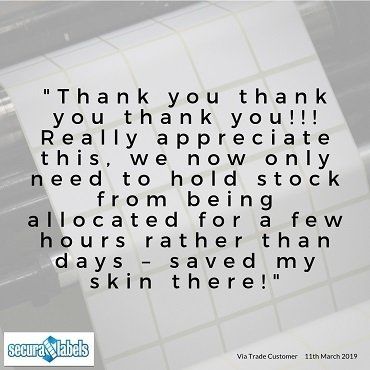Testimonial for Secura Labels stating 'Thank you, Thank you, Thank you... saved my skin there!'