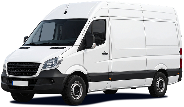 White delivery cargo van with black trim, shown in side view on a plain background | Mears Automotive