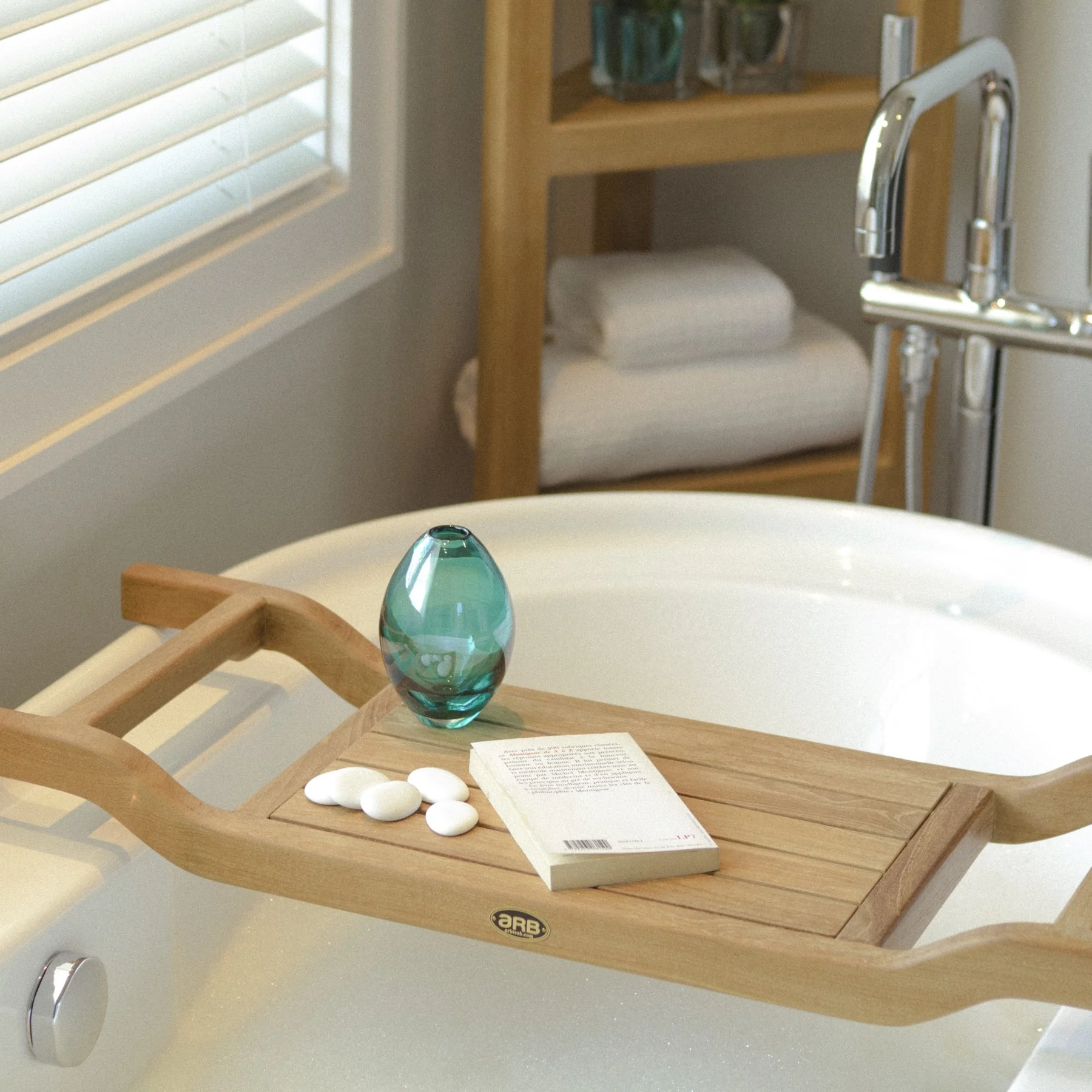 teak wood bath caddy on soaking tub
