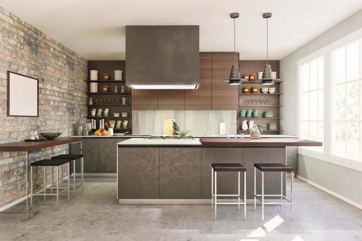 A modern kitchen with a large island and stools