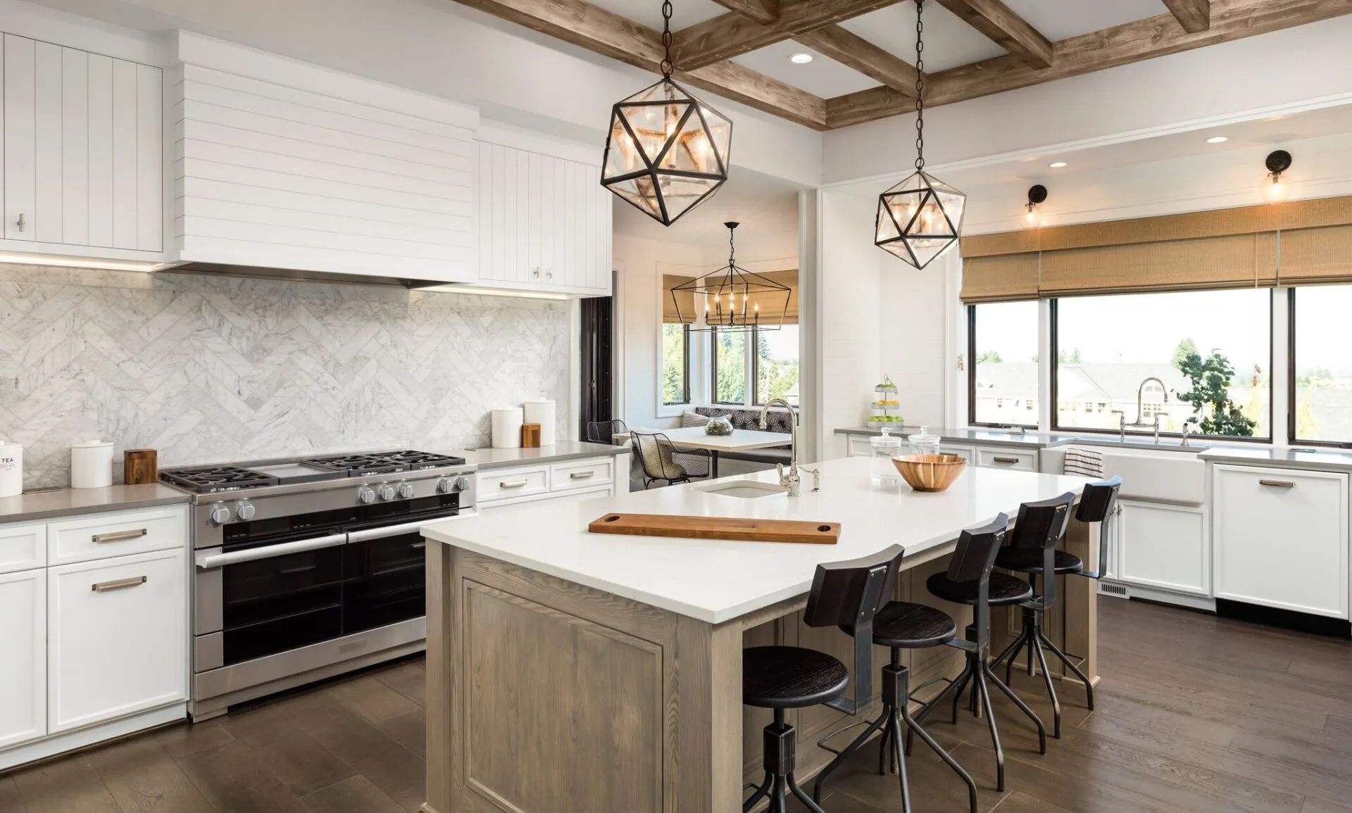 A hallway with black and white stripes on the walls