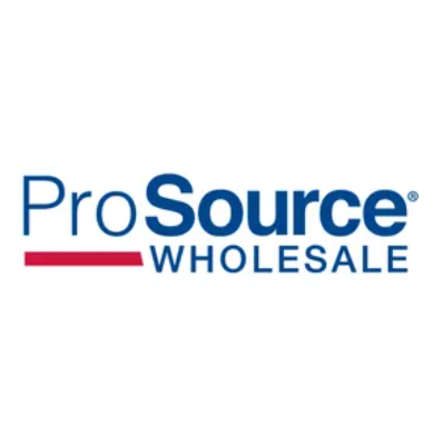 The logo for prosource wholesale is blue and red.