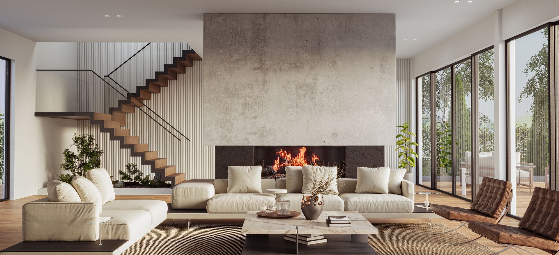 It is a living room with a fireplace and stairs.