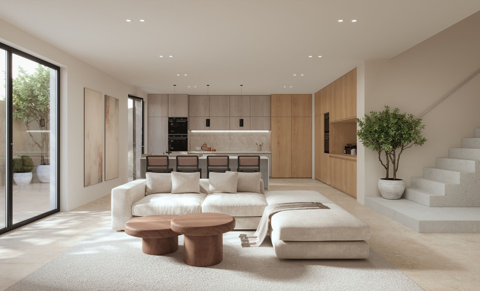 It is a living room with a couch and two coffee tables.