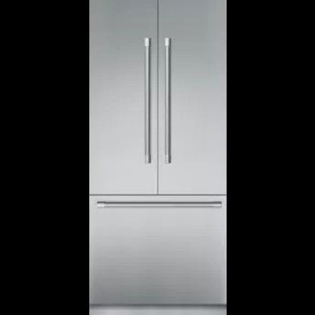 A stainless steel refrigerator with two doors and long handles.