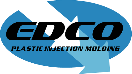A blue and black logo for edco plastic injection molding