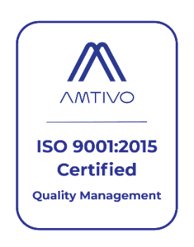 The logo for amtivo iso 9001 : 2015 certified quality management