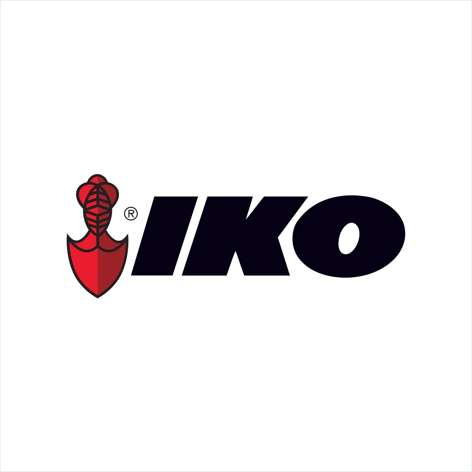 Logo for IKO. Red and black image of a roofer's trowel with the word