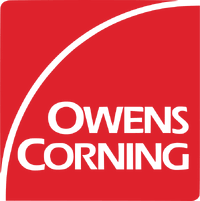 Owens Corning logo: white text on red background with a white curved line.