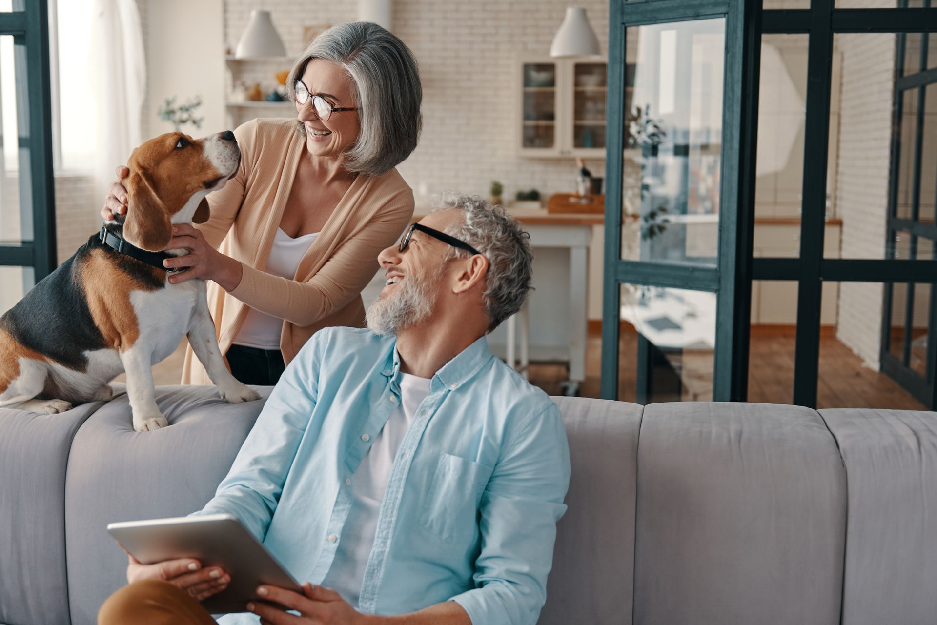 Woman pets a small dog while a man sits on a couch holding a laptop in a bright living room