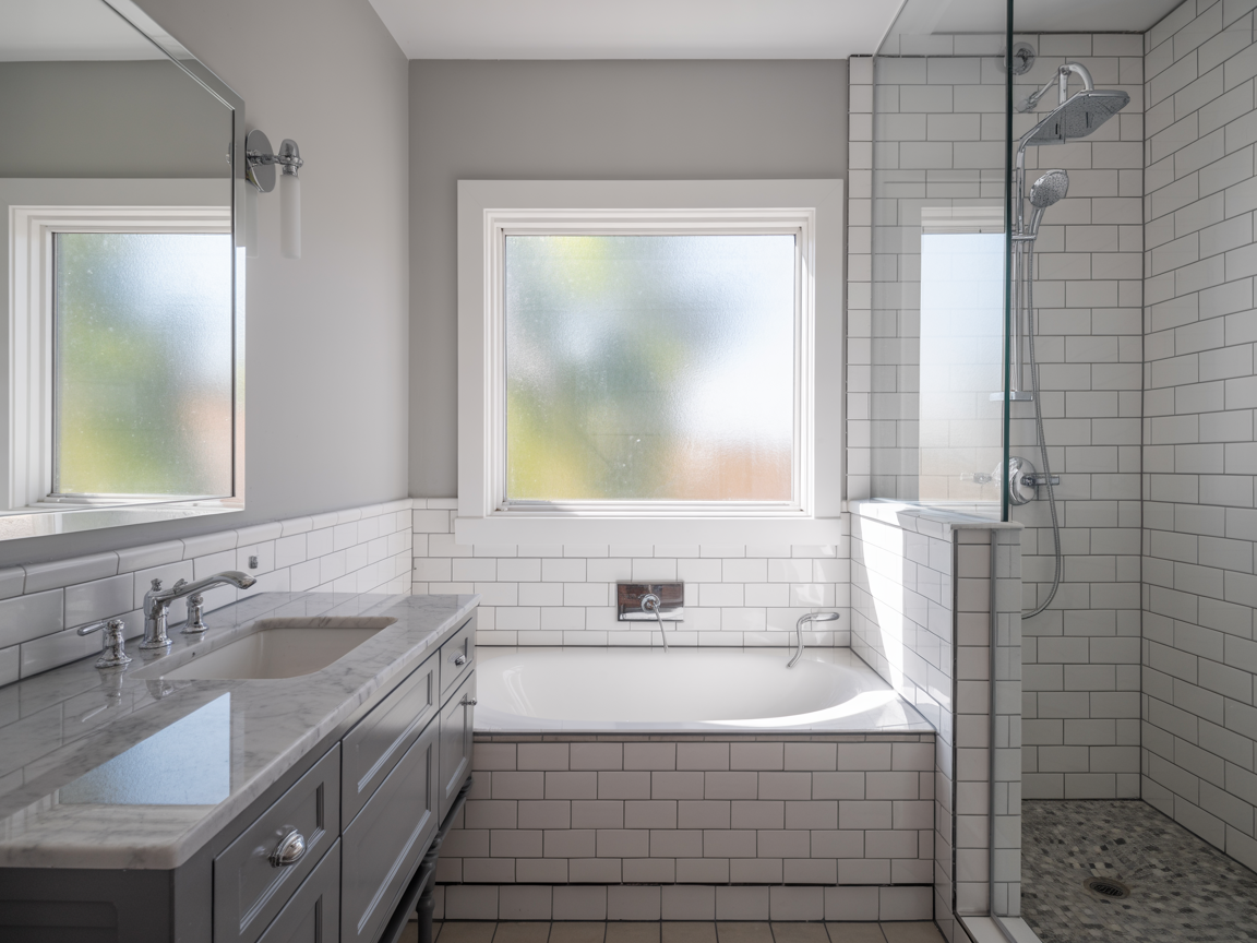 A bathroom featuring a gray vanity, a built-in white bathtub under a window, and a tiled shower stall.