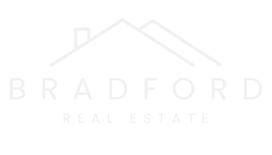 a white logo for bradford real estate with a house on a white background .