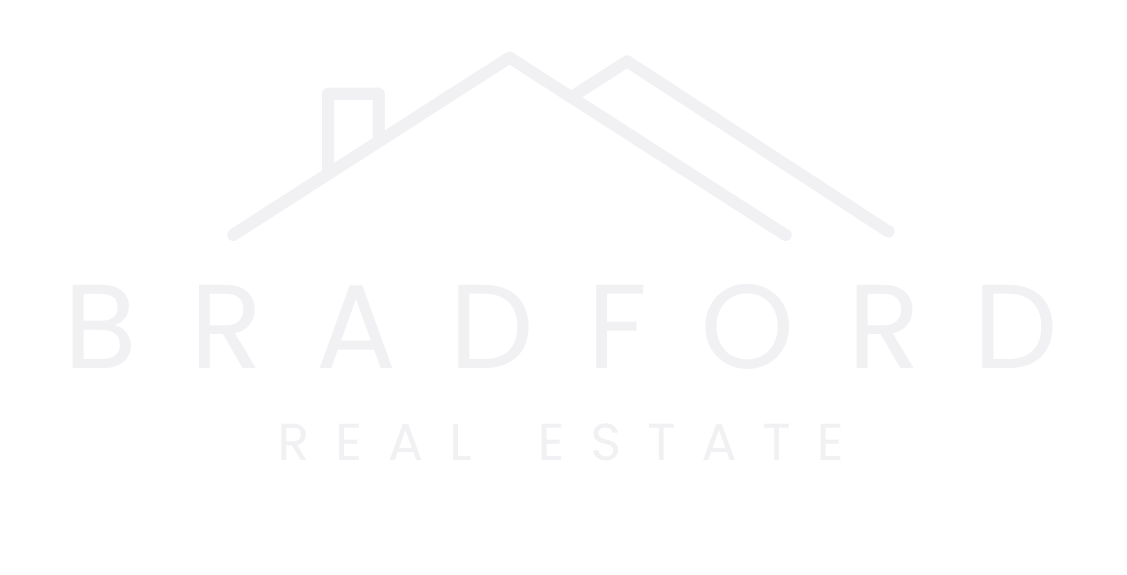 a white logo for bradford real estate with a roof on a white background .