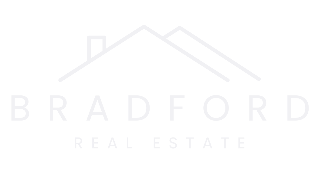 a white logo for bradford real estate with a house on a white background .