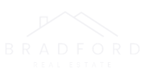 a white logo for bradford real estate with a house on a white background .