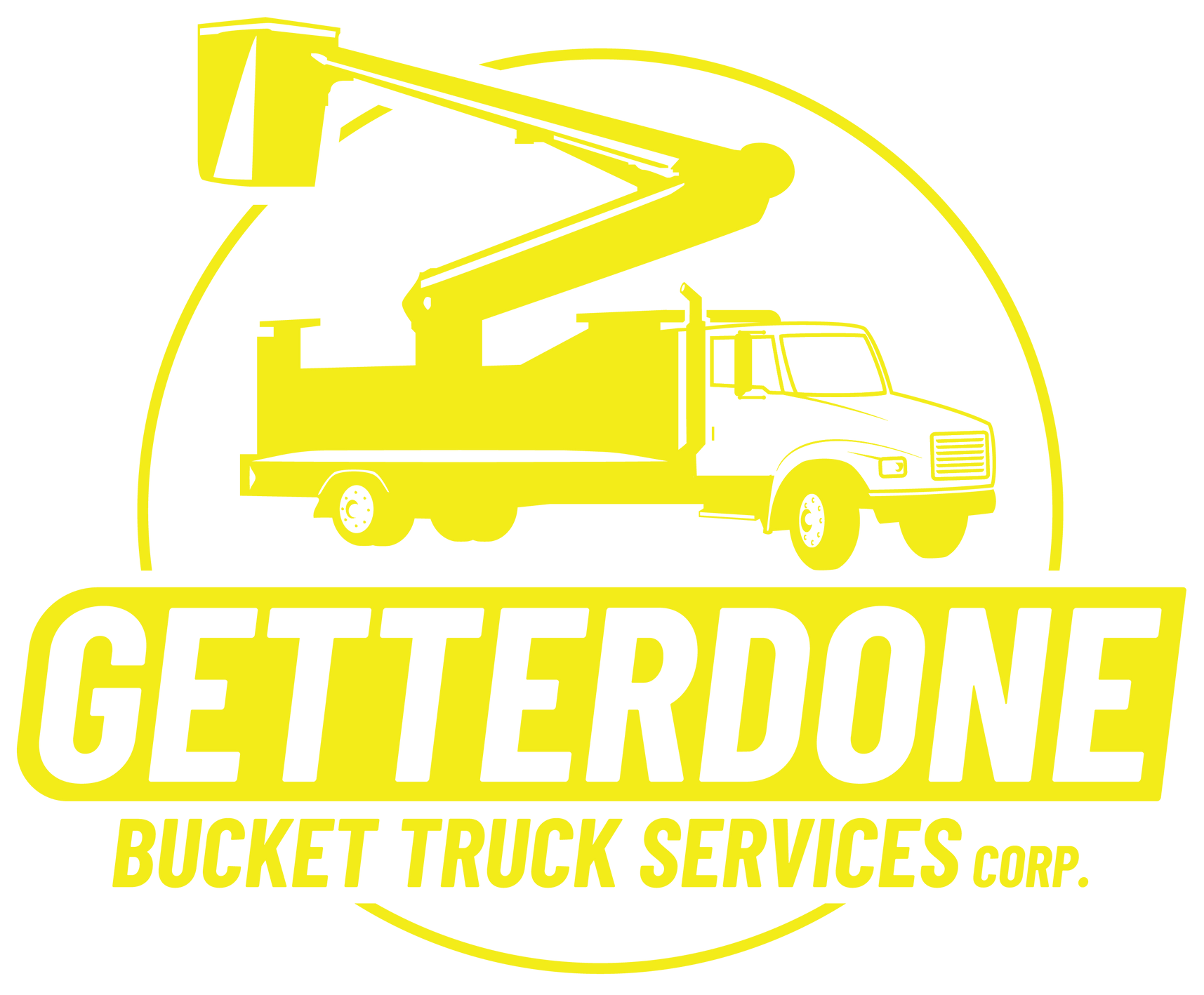 Yellow logo of a bucket truck inside a circle, with the text 