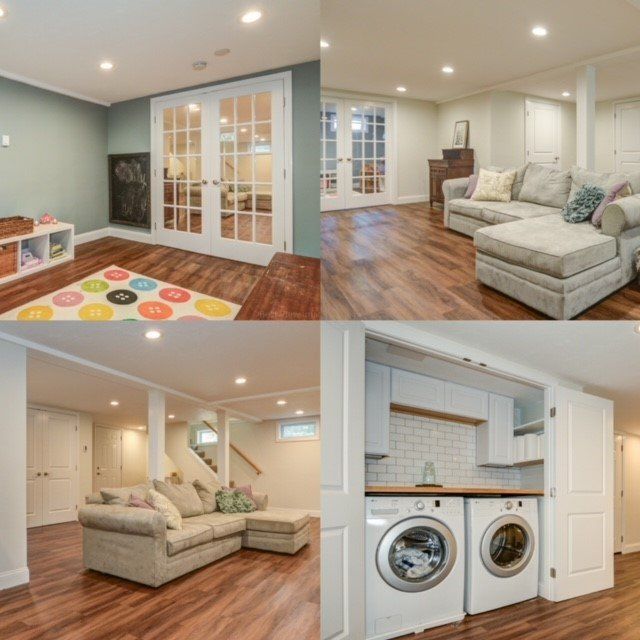 A collage of four pictures of a living room and laundry room