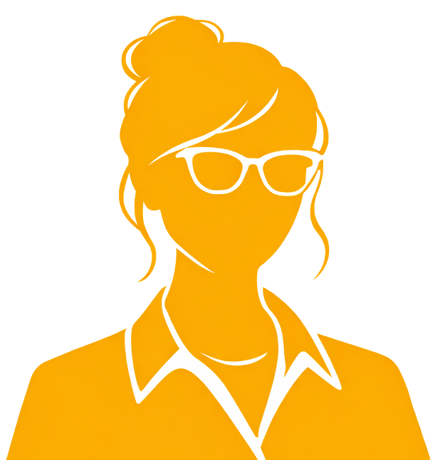 A yellow silhouette of a person in a collared shirt and glasses with hair in a bun.