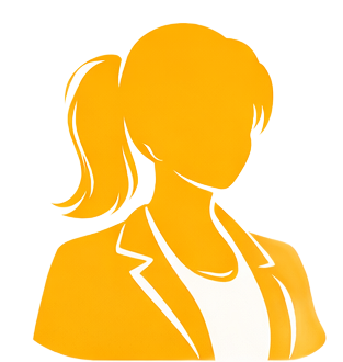 A solid yellow silhouette of a person in a blazer with a ponytail against a white background.