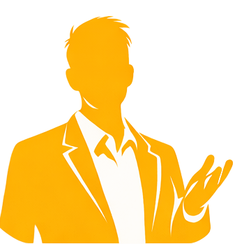 A yellow, stylized silhouette of a person in a blazer, gesturing with one hand as if speaking or presenting.