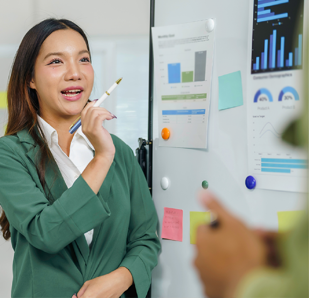 A person in a green blazer gestures with a pen while presenting business charts and data on a whiteboard.