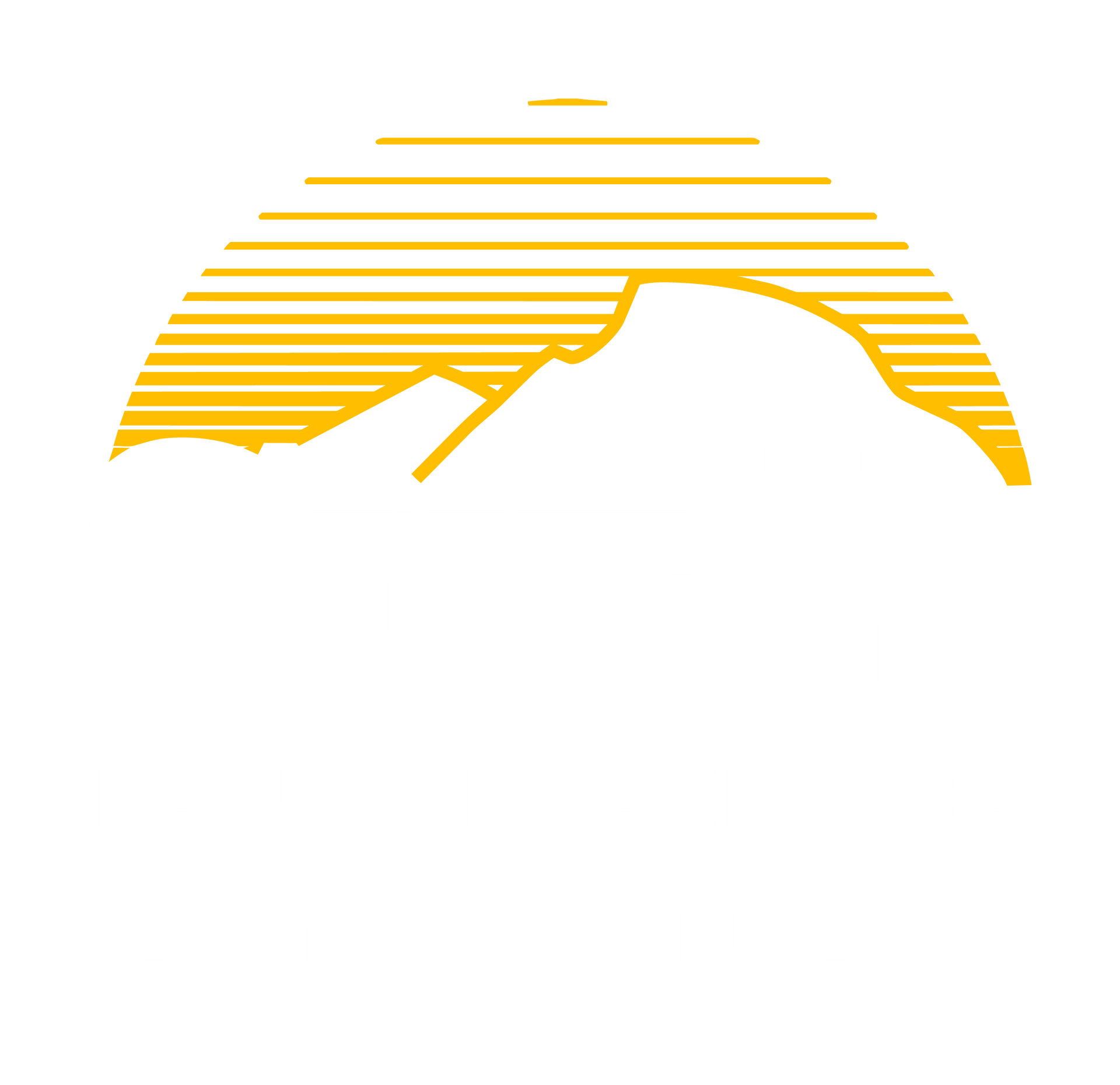 A gold-colored, stylized illustration of a mountain peak overlaid with horizontal lines against a white background.