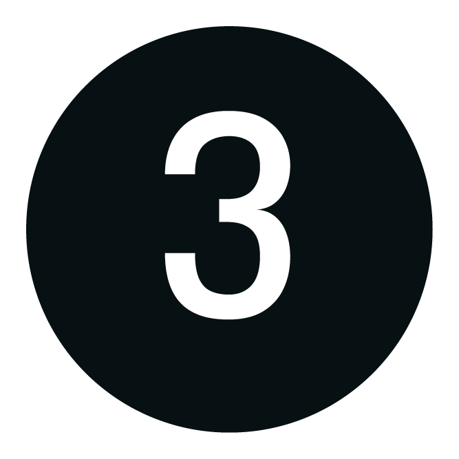 A white number 3 centered inside a black circle.