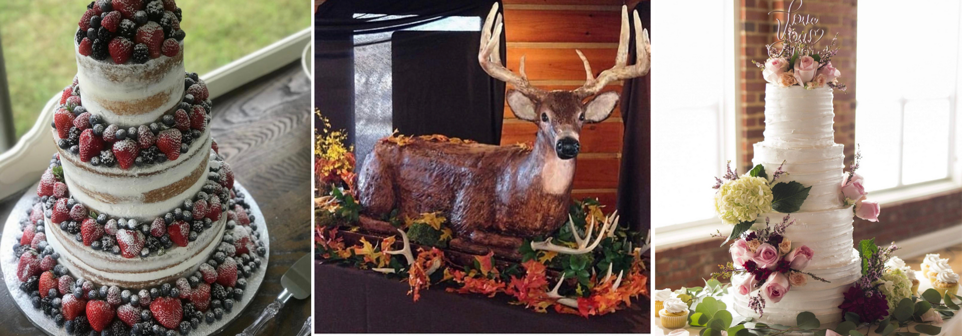 Elegant holiday cake displays with berries, candles, and a lit stag centerpiece on a table by a window