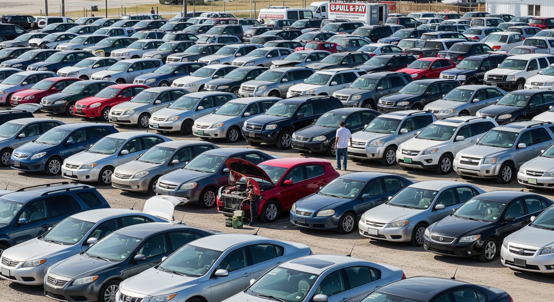 Cars parked in a large lot, a person is inspecting a car with its hood open.
